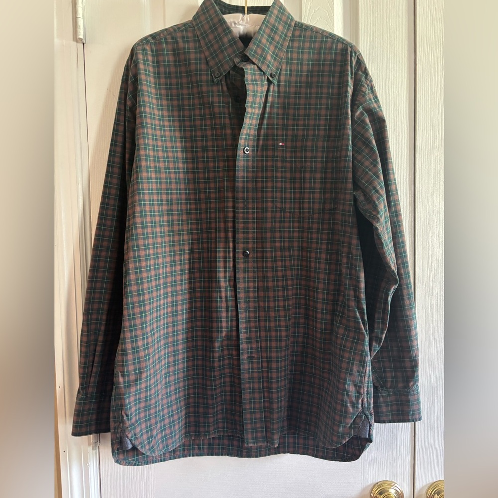 Tommy Hilfiger Green and Brown Plaid Button-Down Shirt
